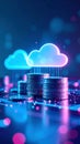Cloud computing concept with stacks of coins and glowing digital elements Royalty Free Stock Photo