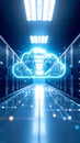 Cloud computing server room with glowing network data visualization Royalty Free Stock Photo