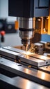 CNC machine cutting metal with sparks in a modern factory setting Royalty Free Stock Photo