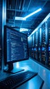 Computer monitor displaying code in a data center server room with blue lighting Royalty Free Stock Photo