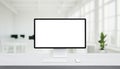 Computer monitor mockup on clean desk, ideal for showcasing web design studio work Royalty Free Stock Photo