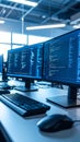 Computer monitors displaying code in a modern office environment, technology concept Royalty Free Stock Photo