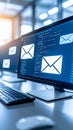 Computer monitors displaying email icons and code in a modern office setting Royalty Free Stock Photo