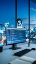 Computer screen displaying code on a desk with a cityscape in the background at night Royalty Free Stock Photo
