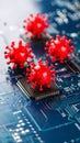 Conceptual image of red virus models on a computer circuit board representing digital threat. Royalty Free Stock Photo