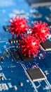 Conceptual image of virus models on a computer circuit board representing cyber security threats Royalty Free Stock Photo