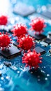 Conceptual image of virus models on a computer circuit board representing cyber threats Royalty Free Stock Photo