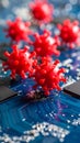 Conceptual image of virus models on a computer circuit board representing digital health Royalty Free Stock Photo