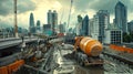 Construction Scene with Large Concrete Mixer Truck in Urban Setting. Concept of Architecture, Urban Development, Heavy Royalty Free Stock Photo