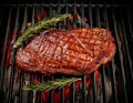 Cooking a beef steak on a fire hot barbecue grill Royalty Free Stock Photo