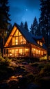 Cozy log cabin nestled in a dark forest under a starry night sky with a full moon Royalty Free Stock Photo