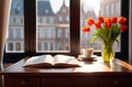 Cozy morning in city. Book, coffee and tulips in vase on table by window, behind which you can see spring cityscape