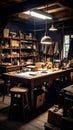 Cozy old fashioned workshop filled with traditional tools materials and a wooden workbench under warm light Royalty Free Stock Photo