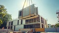 Crane Lifting Prefabricated Concrete Panel at Construction Site on a Sunny Day - Concept of Modern Architecture, Urban Royalty Free Stock Photo