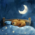 A cute bear sleeps in bed, children\'s book illustration. Restful sleep. Baby Teddy sleeps. Good night! Royalty Free Stock Photo