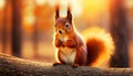 A cute squirrel sits sitting on the road. The sun\'s rays break through the autumn foliage of the forest