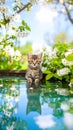 Cute Tabby Kitten Sitting by Water with Blooming Cherry Blossoms and Blue Sky Reflection Royalty Free Stock Photo