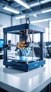 3D printer creating a geometric object on a white table in a modern office setting. Royalty Free Stock Photo