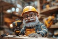 3D rendering. Elderly animated man with beard, glasses, hard hat, and gloves holding power drill in busy workshop. Royalty Free Stock Photo