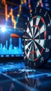 Dart hitting bullseye on target board with glowing financial market data charts in the background Royalty Free Stock Photo
