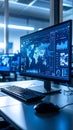 Data analysis and monitoring interface displayed on computer screens in a modern office. Royalty Free Stock Photo