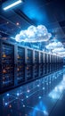 Data center with cloud computing network, server racks and digital connections. Royalty Free Stock Photo