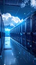 Data center server room with cloud and network connections, concept of data storage. Royalty Free Stock Photo