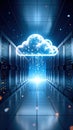 Data center server room with glowing cloud computing concept visualization Royalty Free Stock Photo