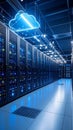 Data center servers with cloud computing symbol, illuminated blue lights, technology Royalty Free Stock Photo