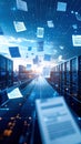 Data transfer concept with documents floating above server room and city background Royalty Free Stock Photo