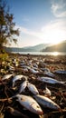 Dead Fish Littering Lake Shoreline at Sunset Environmental Impact Study Royalty Free Stock Photo