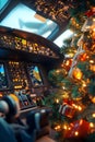 Christmas tree with gifts inside a cocpit of an airplane. Royalty Free Stock Photo
