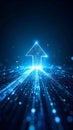 Digital arrow pointing upwards with data stream and glowing particles on dark blue background Royalty Free Stock Photo