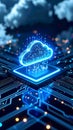 Digital cloud computing concept with a glowing circuit board and data transfer. Royalty Free Stock Photo