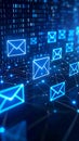 Digital communication concept with glowing email icons and binary code background. Royalty Free Stock Photo