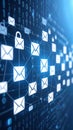 Digital communication and network security concept with email icons and binary code. Royalty Free Stock Photo