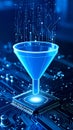 Digital data funnel processing information flow through circuit board Royalty Free Stock Photo