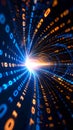 Digital data tunnel with binary code, bright light at the end, technology concept. Royalty Free Stock Photo