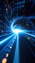 Digital data tunnel with binary code and light, futuristic technology concept. Royalty Free Stock Photo