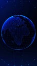 Digital globe of Earth with glowing network connections and data visualization on dark blue background Royalty Free Stock Photo