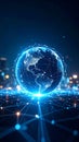 Digital globe with network connections and data visualization over city lights. Royalty Free Stock Photo