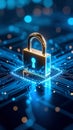 Digital padlock representing data security, encryption, and cyber protection on a circuit board. Royalty Free Stock Photo