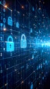 Digital security concept with glowing padlock symbols and binary code. Royalty Free Stock Photo