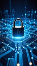 Digital security padlock with glowing circuit board background, concept of data protection. Royalty Free Stock Photo