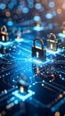Digital security padlocks illuminating a vibrant circuit board for data protection and network privacy Royalty Free Stock Photo