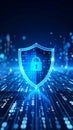 Digital Security Shield with Lock Symbol on Futuristic Binary Code Background Royalty Free Stock Photo