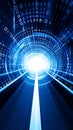Digital tunnel with binary code and bright light at the end, futuristic concept. Royalty Free Stock Photo