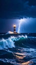 Dramatic lighthouse illuminated by lightning storm over turbulent ocean waves at night Royalty Free Stock Photo