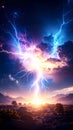 Dramatic lightning storm over a landscape with mountains and clouds at sunset Royalty Free Stock Photo