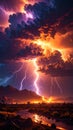 Dramatic Lightning Storm Over Mountains and River at Sunset Royalty Free Stock Photo